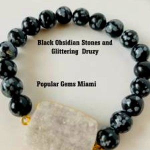 White Druzy with Black Obsidian Stone Bracelet